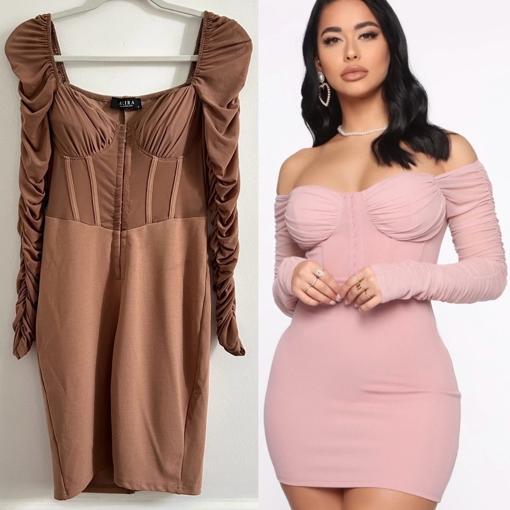 Akira Ruched Off-the-Shoulder Bodycon Dress in Brown size Medium Corset Tulle